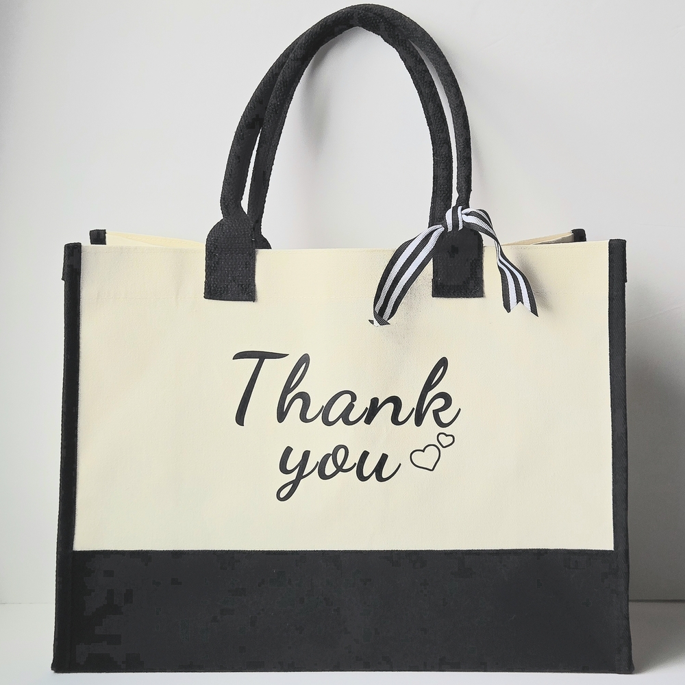 Large Canvas Tote Bag Gift Bag w 'Thank You' Double-sided, Black & Cream EUC